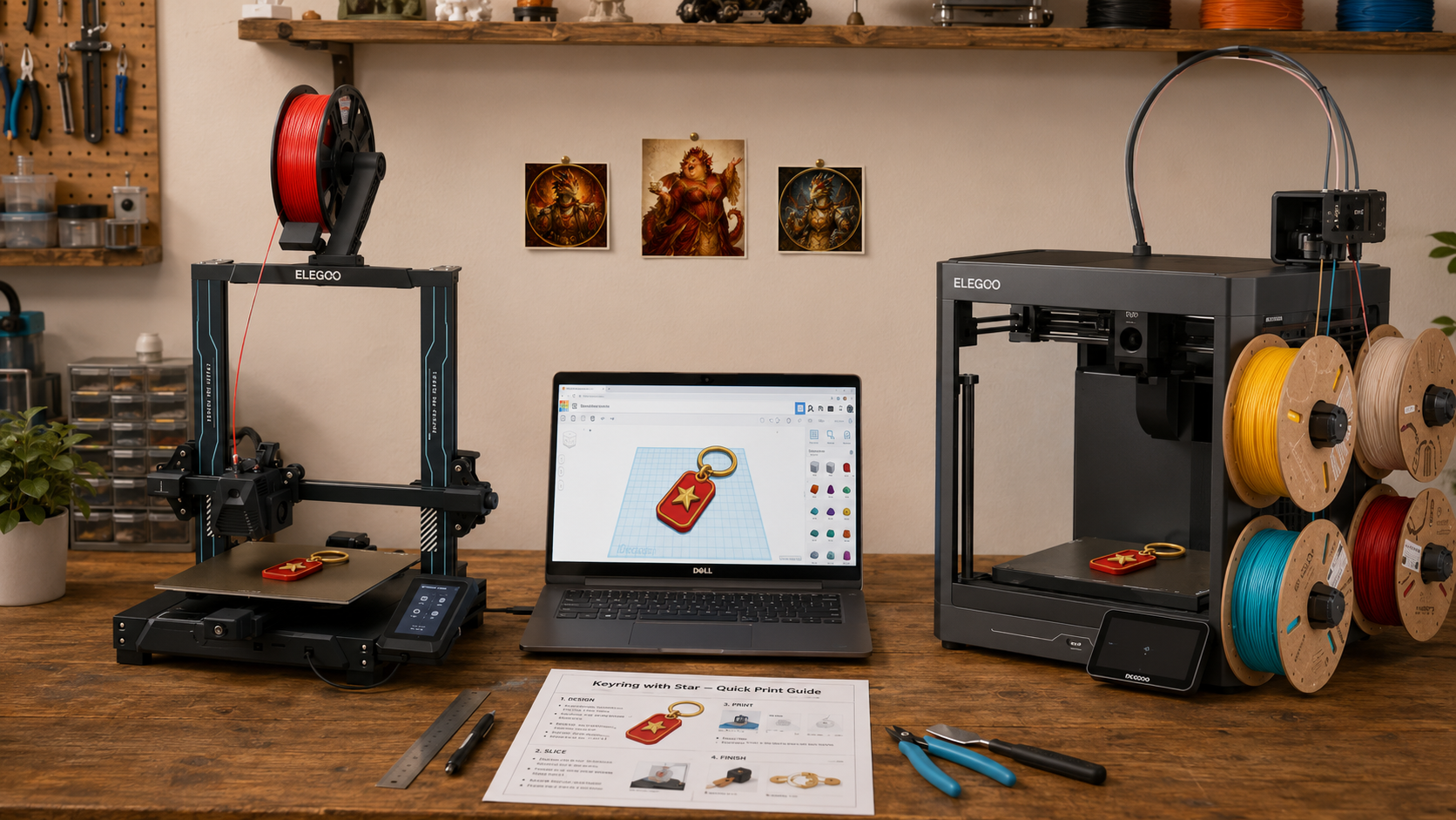 A workspace with a 3D printer, spool of red filament, laptop, and tools. The laptop screen shows a 3D model of a keychain with a star on it. The workspace has a wooden table, plants, and artwork on the wall.