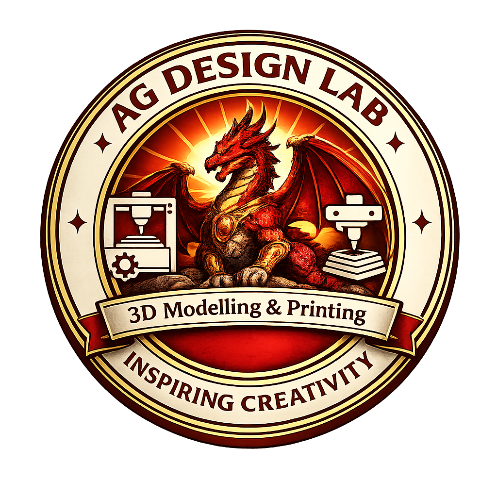 Logo for AG Design Lab featuring a red and gold dragon with 3D printing icons and the text '3D Modelling & Printing' and 'Inspiring Creativity'.