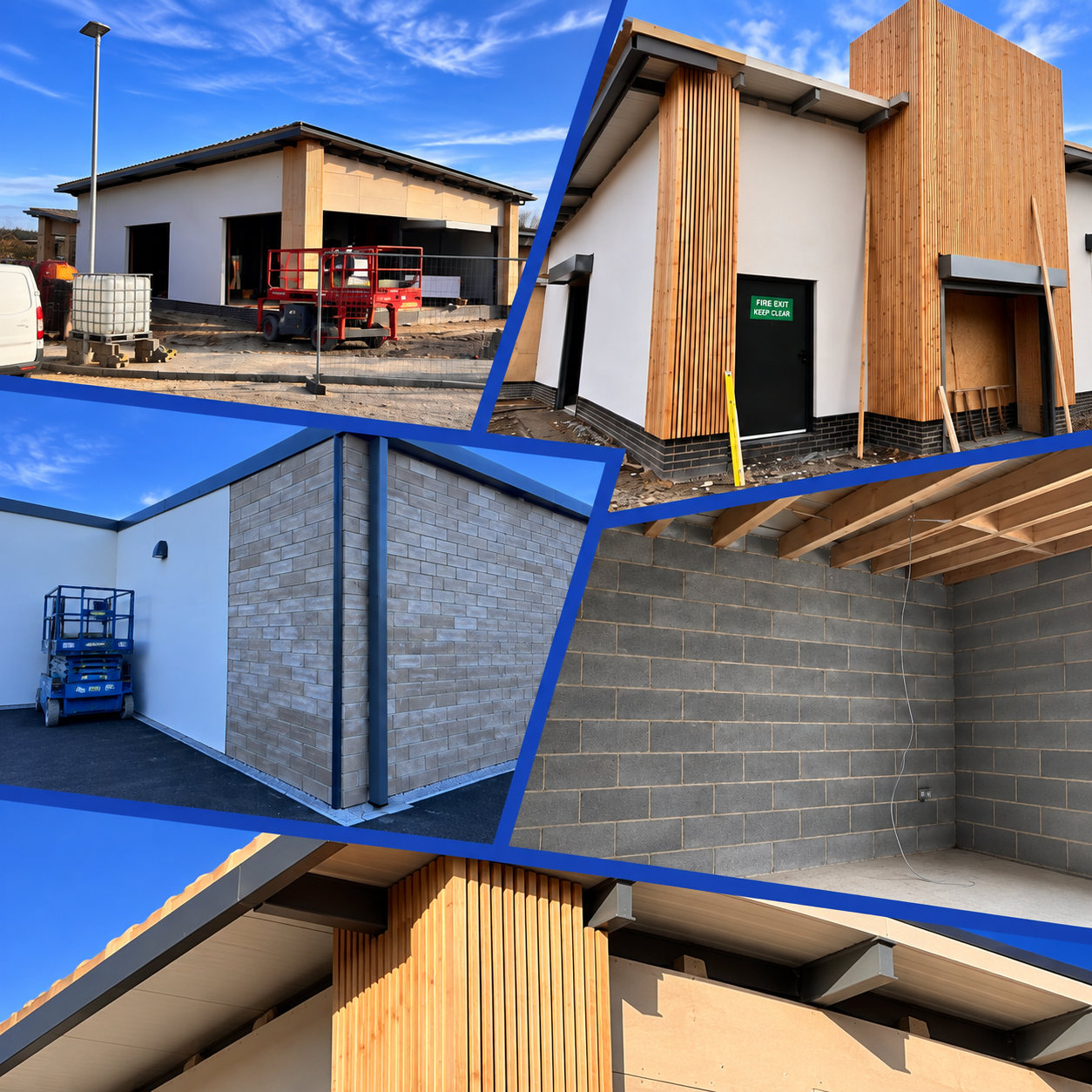 Collage of building construction stages, including exterior walls, interior framing, and finishing details.
