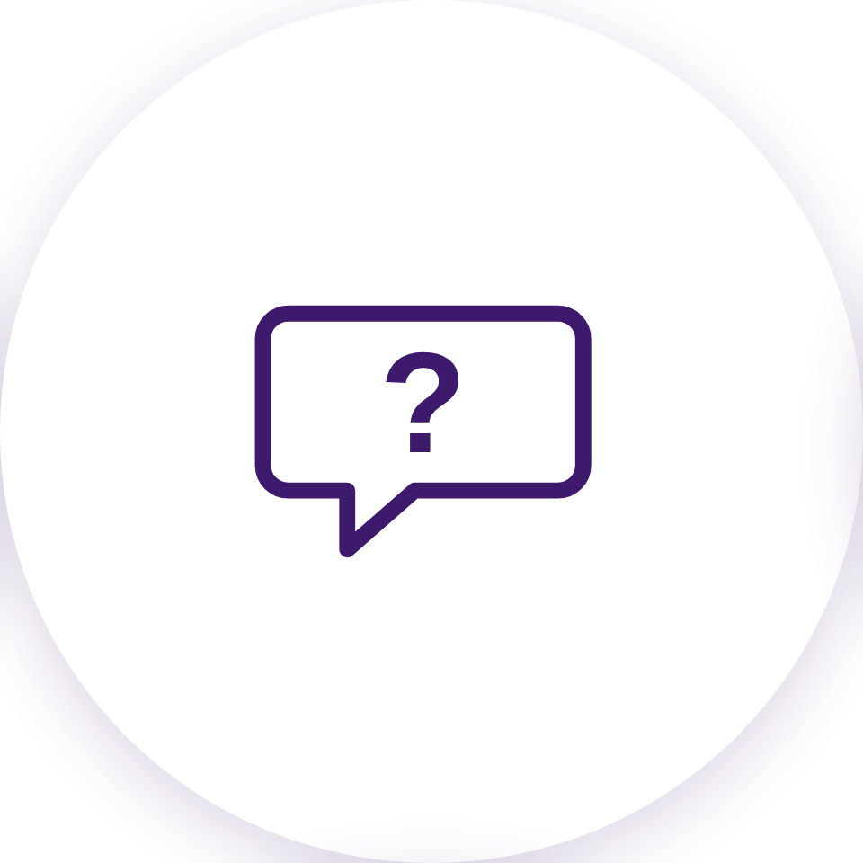 A white screen with a purple speech bubble icon containing a question mark in the center.