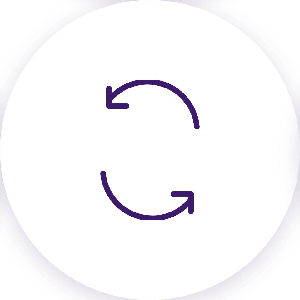 Refresh or reload icon with circular arrows in purple on a white background.