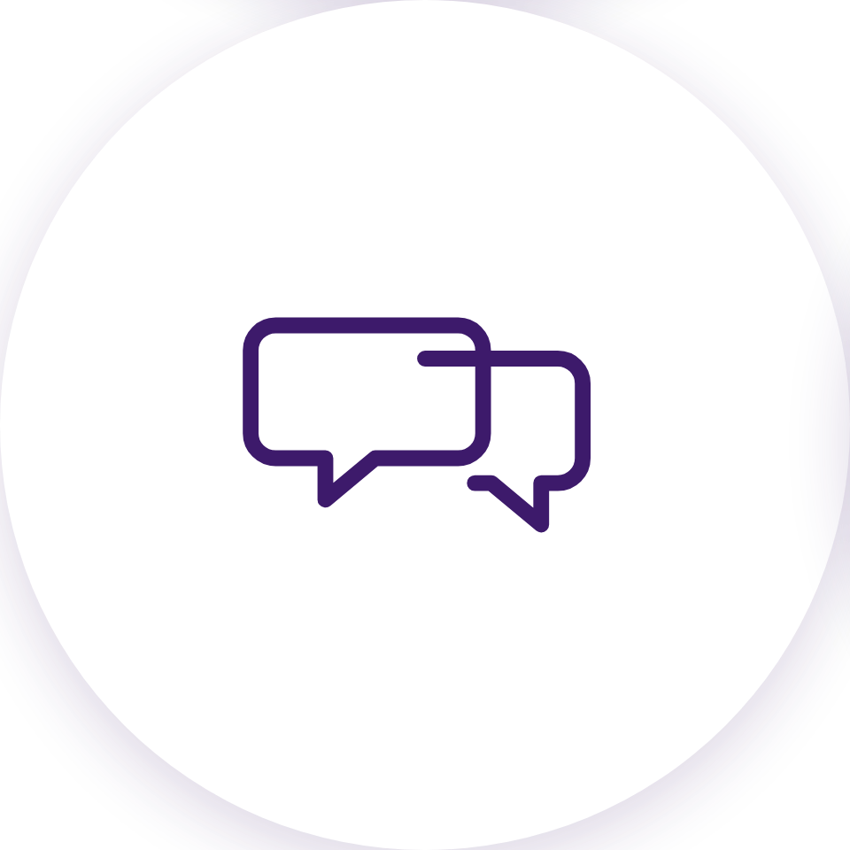 Two overlapping speech bubbles icon in dark purple on a white circular background.