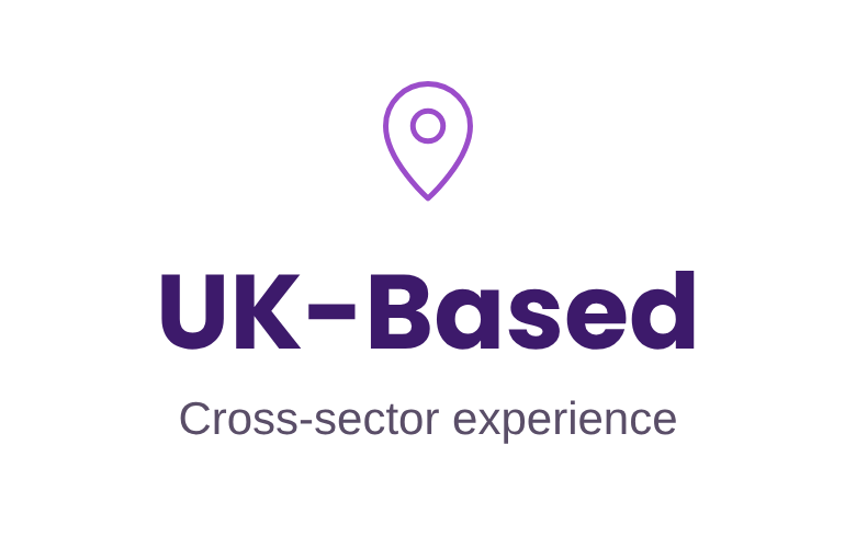 Graphic with a map marker icon above the text 'UK-Based' in bold purple, and the subtitle 'Cross-sector experience' in smaller purple font.