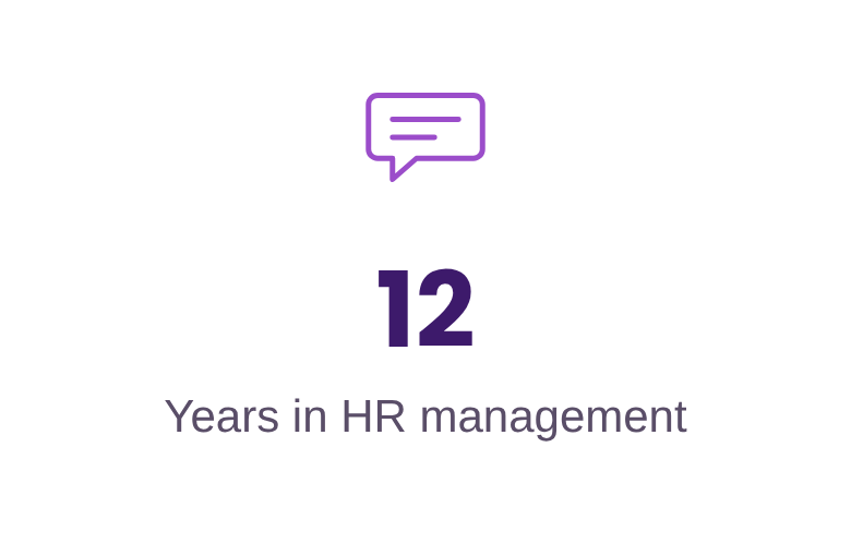 Graphic celebrating 12 years in HR management with a speech bubble icon at the top.