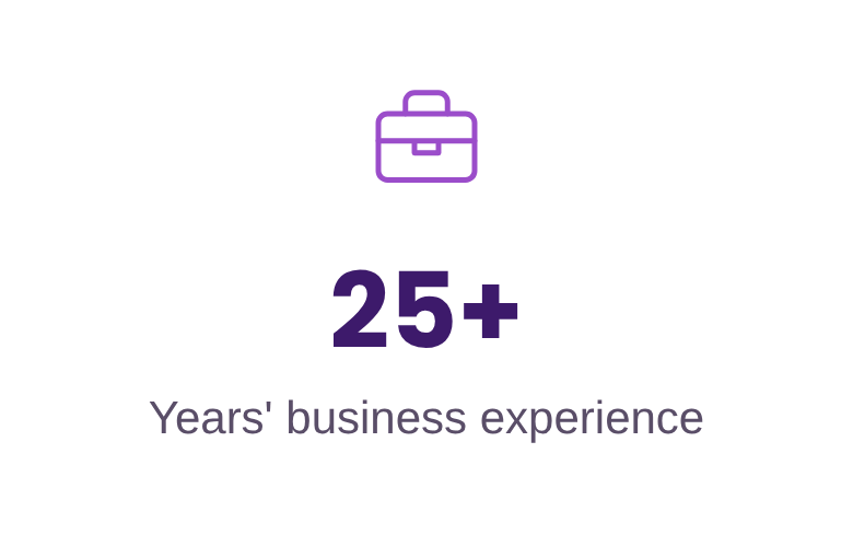 Graphic showing a briefcase icon, the text '25+', and the phrase 'Years' business experience'.