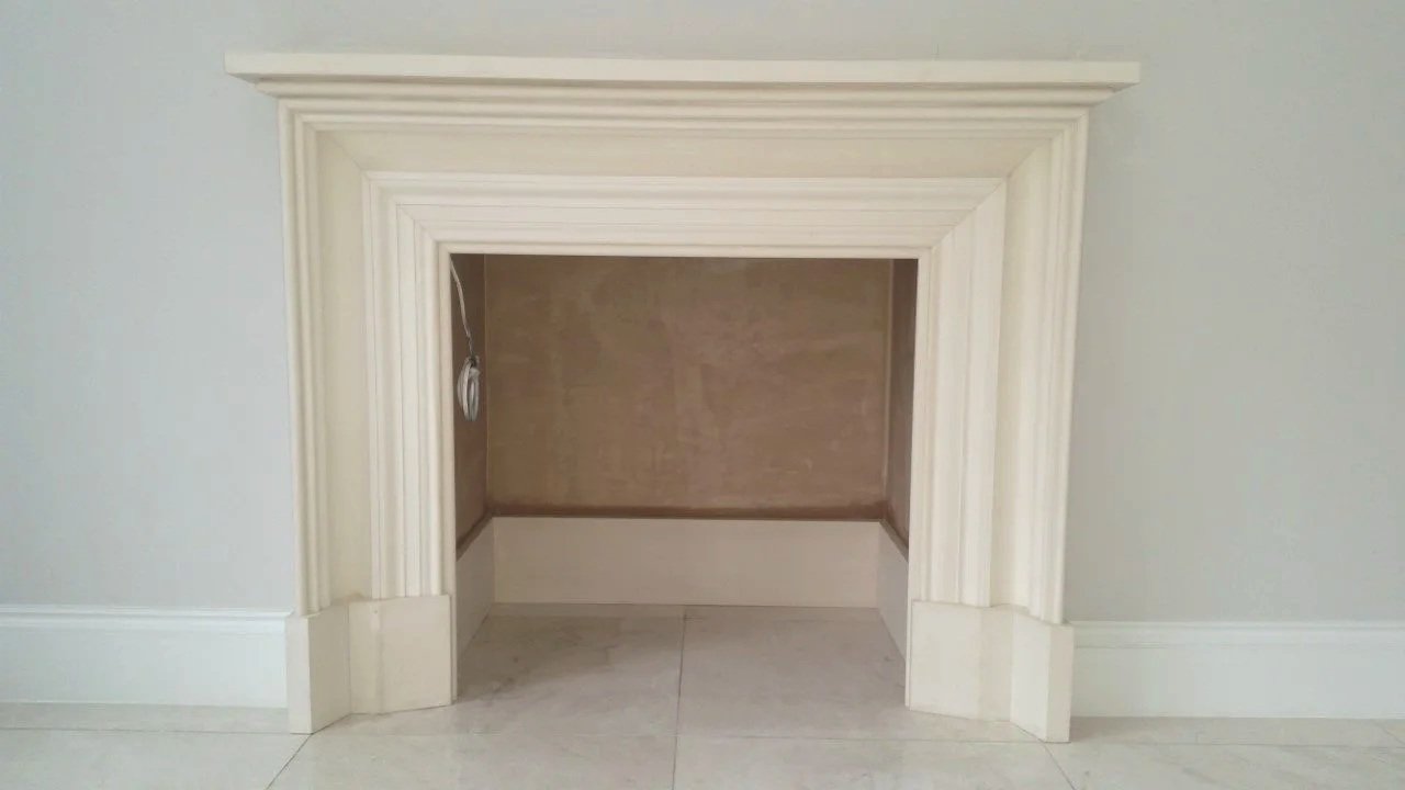 Empty fireplace with cream-colored mantel and marble flooring.