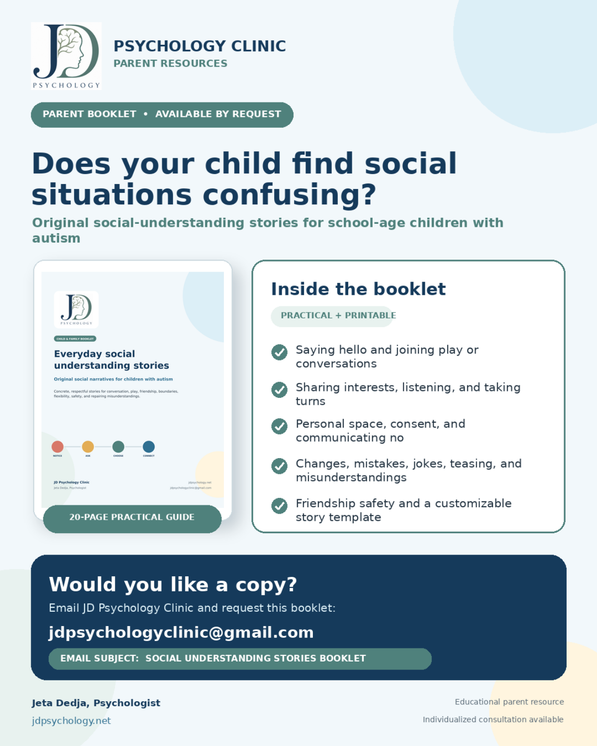 A flyer for a psychology clinic's parent resources, offering a booklet titled 'Does your child find social situations confusing?', which contains social understanding stories for children with autism, and details on how to request a copy via email.