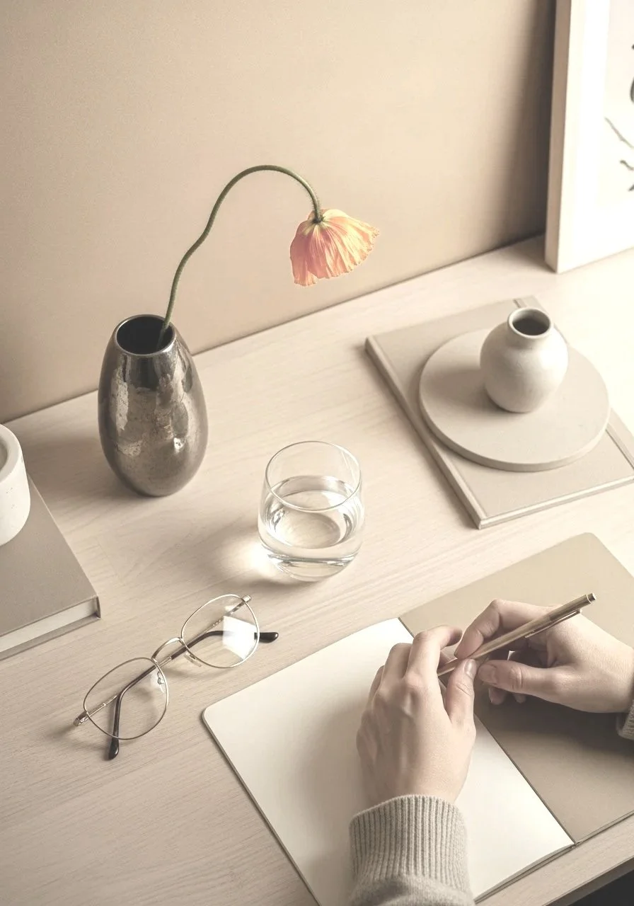 A desk with a gray vase holding a single peach-colored flower, a glass of water, a pair of eyeglasses, a closed notebook, and a small white ceramic vase on top of a white book or tray.