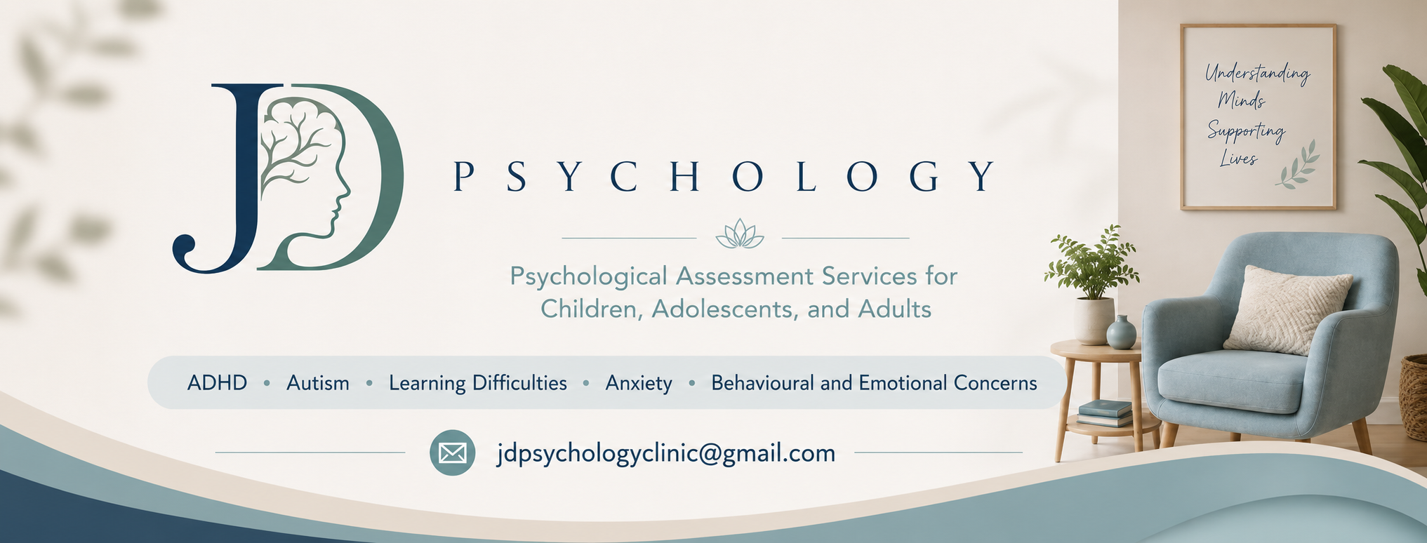 A promotional banner for JD Psychology Clinic showing a logo with a stylized side profile of a human face with a tree inside, and text about psychological assessment services for children, adolescents, and adults, including conditions like ADHD, autism, learning difficulties, anxiety, and emotional concerns, with contact information.