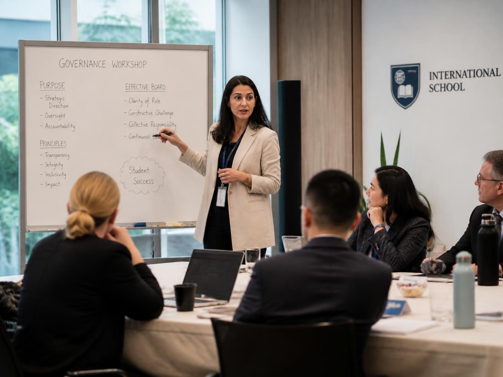 A woman in a beige blazer giving a presentation at a governance workshop to a seated group in a conference room at International School.