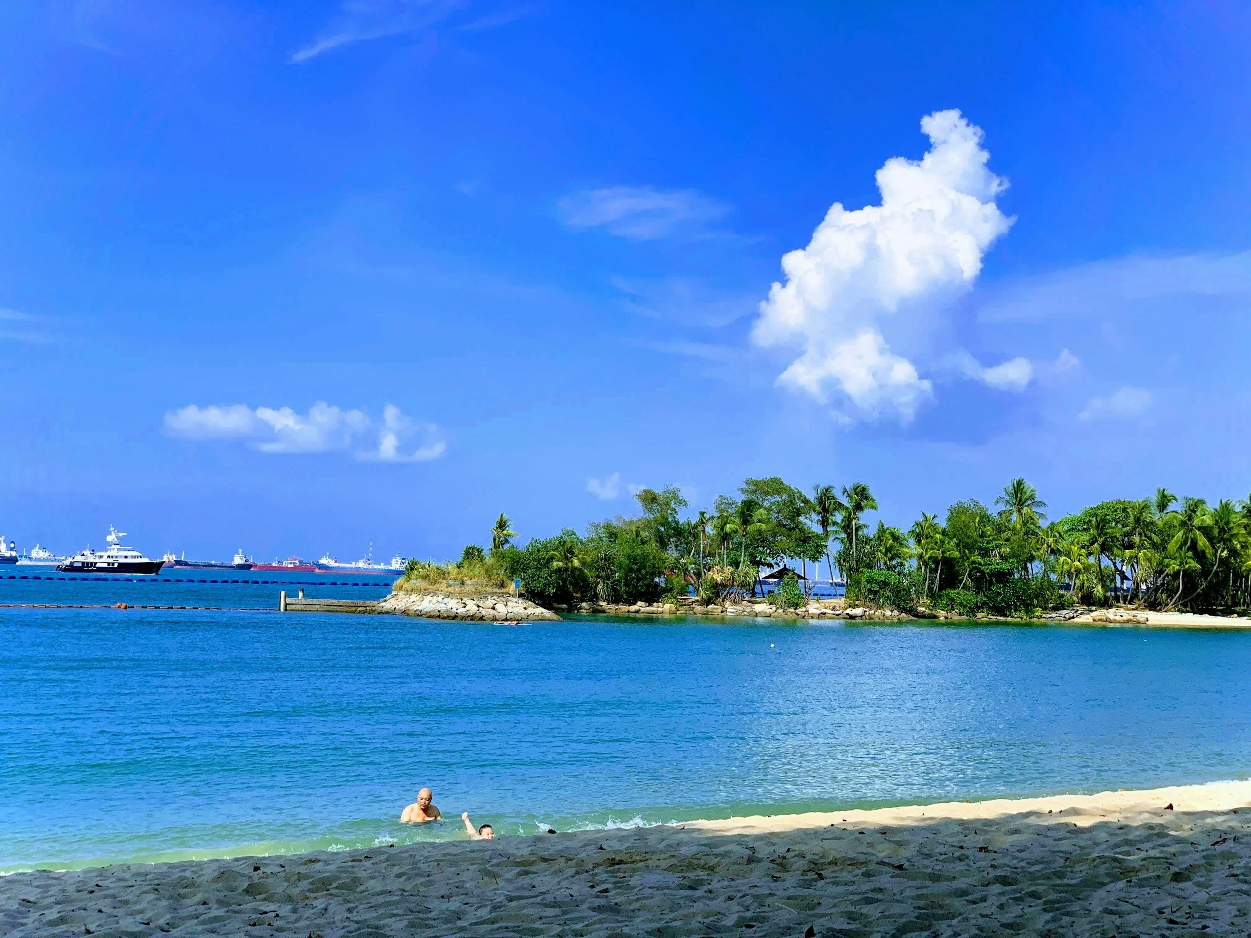 A beach scene with blue water, a man and a child playing in the shallow surf, green trees along the shoreline, a blue sky with a few white clouds, and boats anchored offshore.