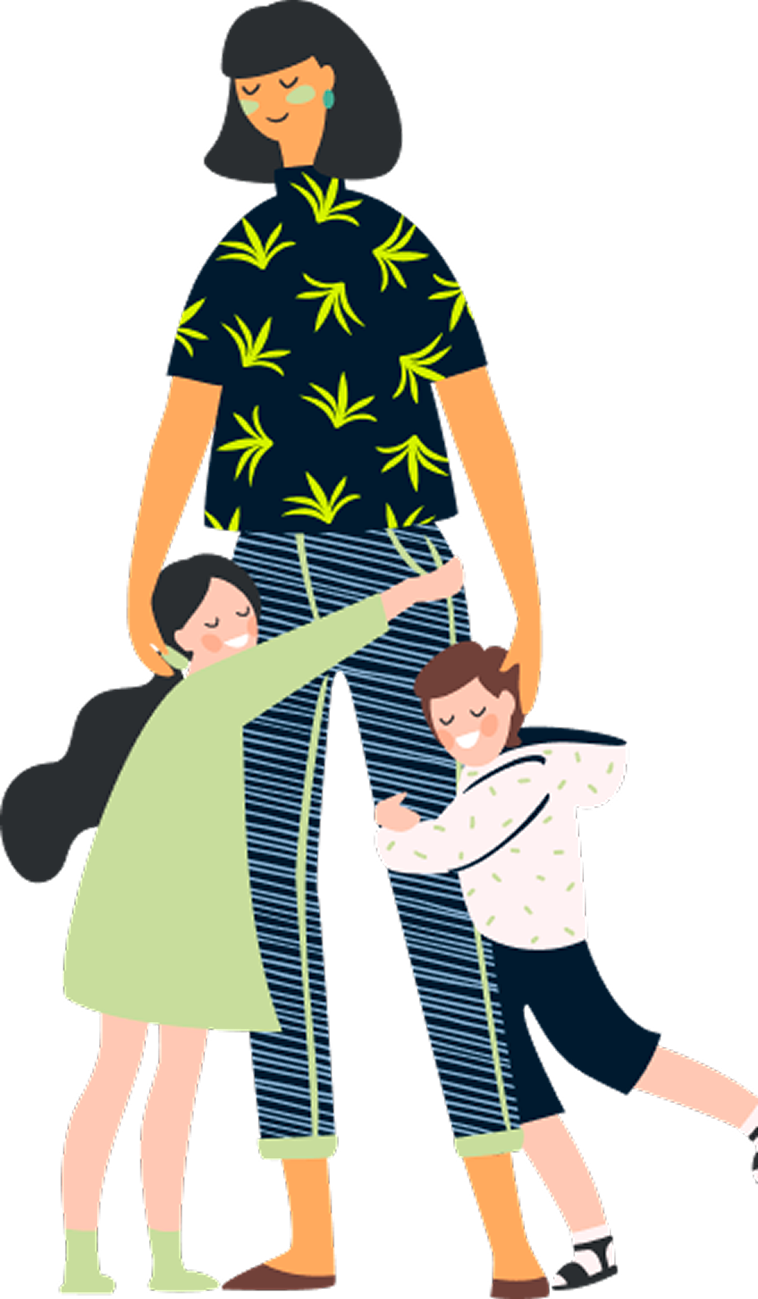 Illustration of a woman with two children, one girl and one boy, all smiling and holding hands.