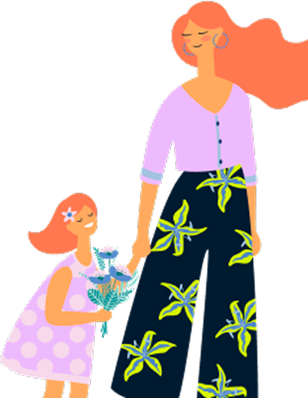 An illustration of a woman with red hair and hoop earrings kneeling down to a girl with red hair and a flower hair clip. The girl is holding a blue flower bouquet.