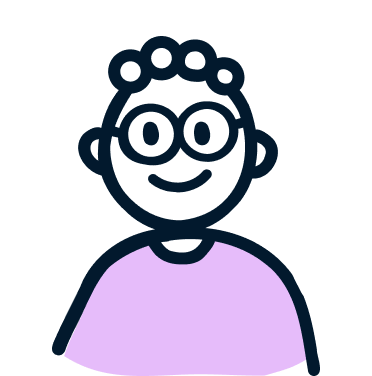 A cartoon illustration of a preschooler with glasses and curly hair, smiling, wearing a purple shirt.