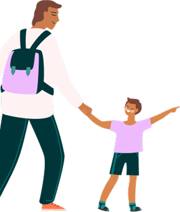An parent holding a child's hand while walking, with both smiling. The child has arms outstretched to point at something in the distance.