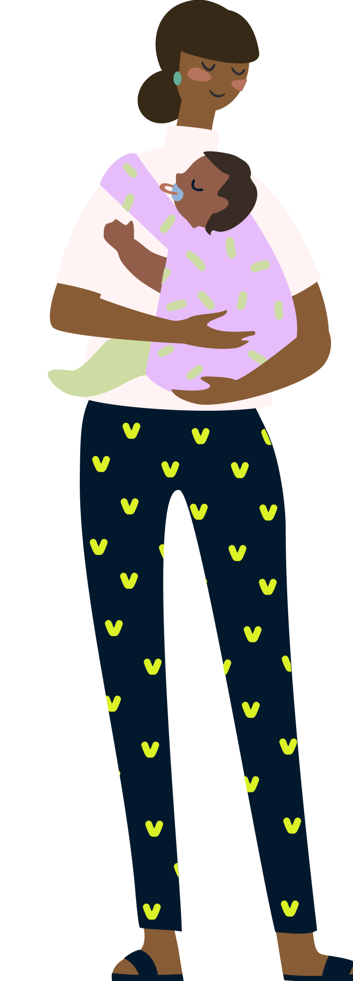 Illustration of a woman with curly hair, wearing pants with yellow hearts and a white shirt, holding a young child dressed in a purple gown with green dots.