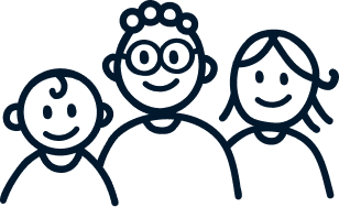 Simple line drawing of three smiling children with happy expressions, all facing forward.