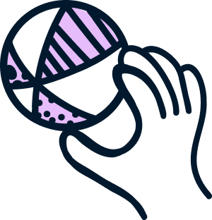 Illustration of a hand holding a ball with striped and dotted patterns - representing motor milestones.