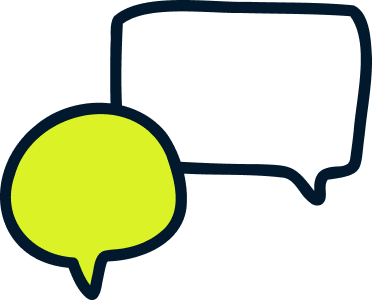 An illustration of two overlapping speech bubbles, one yellow and one navy, representing language development.