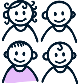 Four illustrated children, two girls and two boys, smiling in purple shirts.