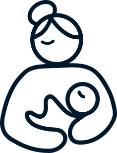 Line drawing of a woman holding a baby, smiling.