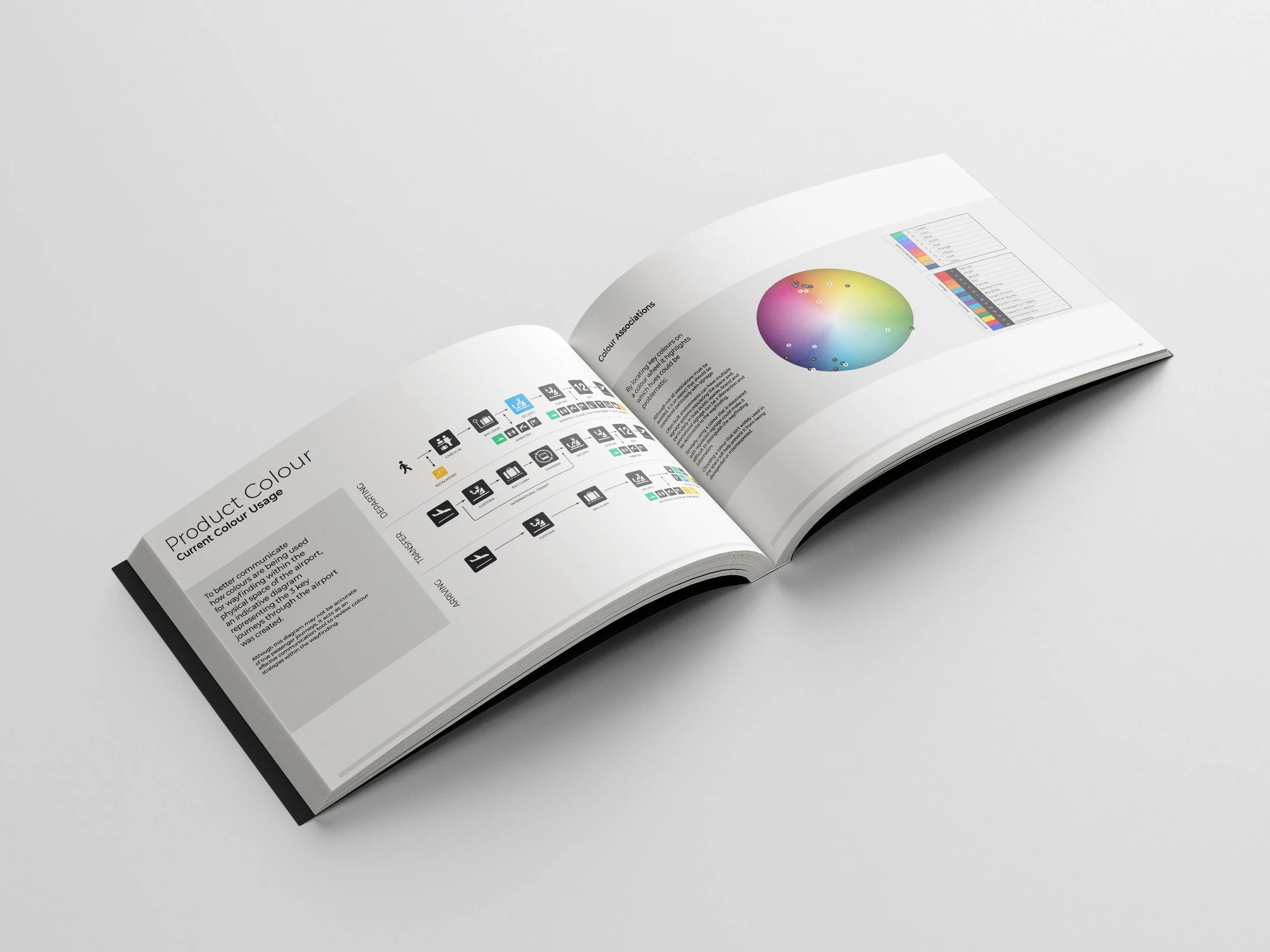 Open book with charts and graphics on a white background.