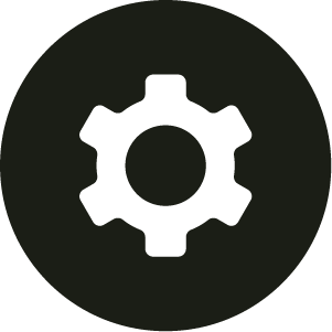 Black circle with a white cogwheel in the centre.