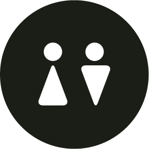 Black circle with two white abstract human figures, one with a triangle dress and the other with a triangle shirt.