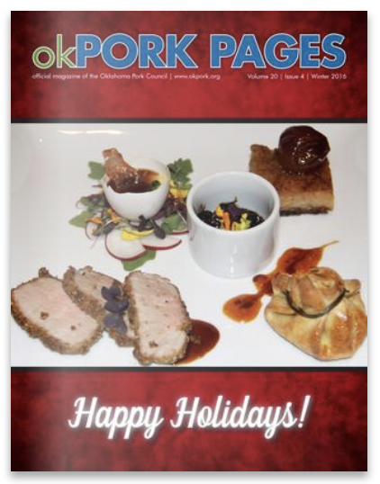 Cover of Oklahoma Pork Pages magazine featuring four dishes: sliced pork tenderloin with sauce, stuffed pastry with garnish, small bowl of salad, and a dessert square with topping, with a red and white background, and holiday greeting 'Happy Holidays!'