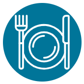 Icon of a plate with a fork on the left and a knife on the right
