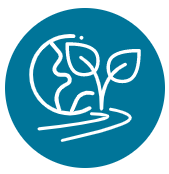 Icon of a hand planting a small plant with two leaves on blue background