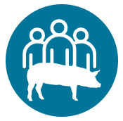 Icon of three people with a pig in front of them inside a blue circle