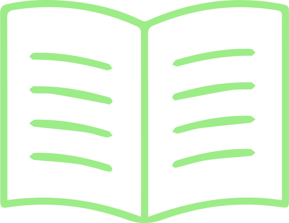 Open book icon with green outline and lines representing text on black background.