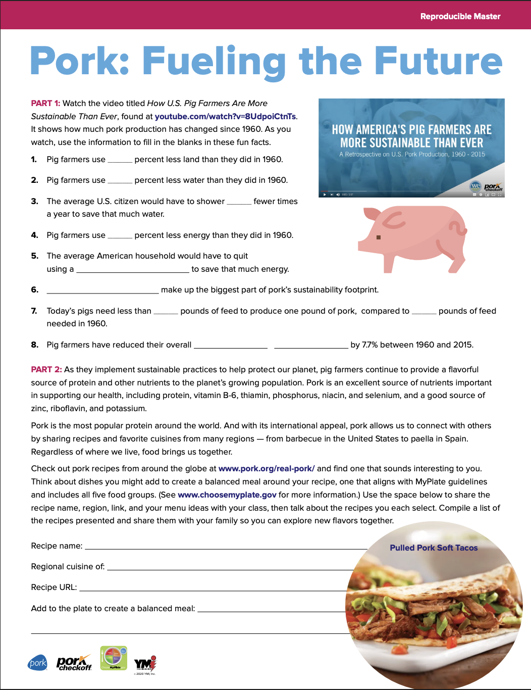 Document titled "Pork: Fueling the Future" with a video link, a pig illustration, and a photo of pulled pork soft tacos.