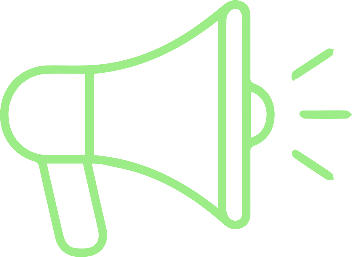 Green outline icon of a loudspeaker with sound waves.