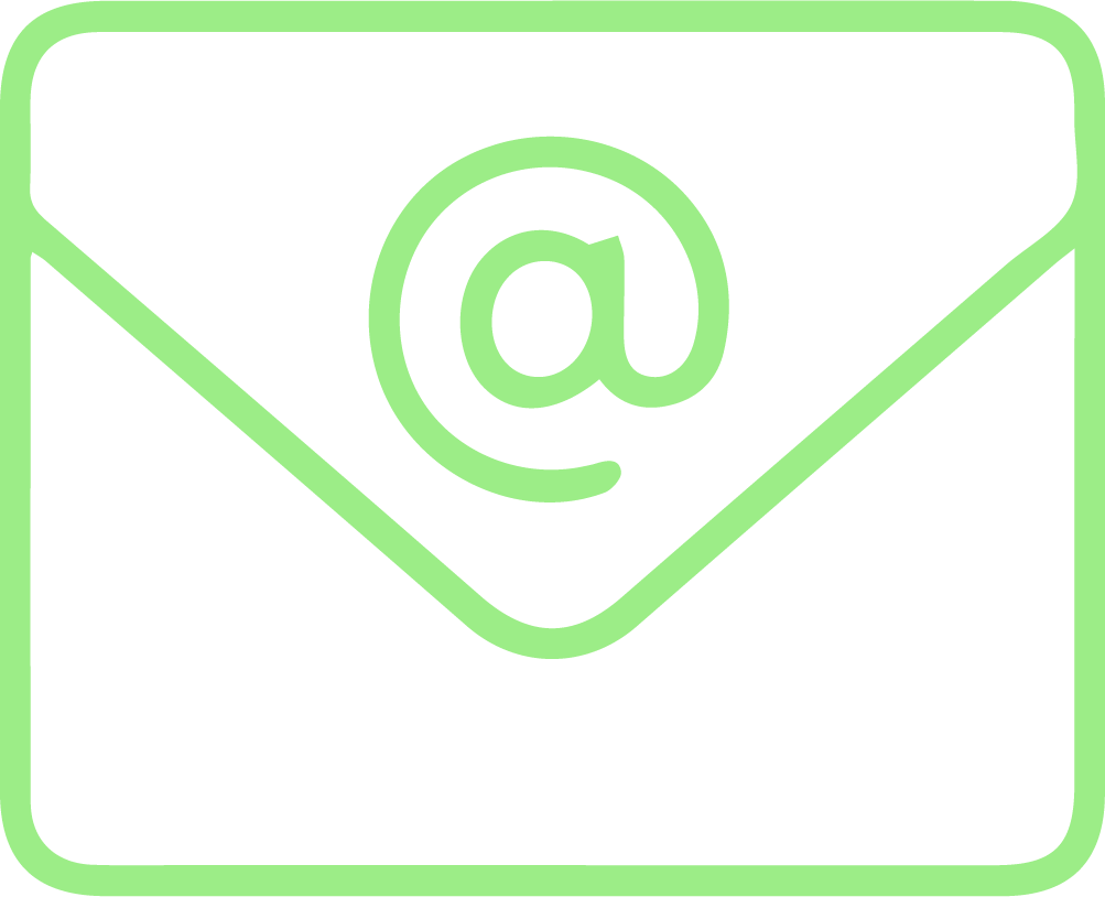 Outline of an envelope with an email 'at' symbol in the center, all in light green.