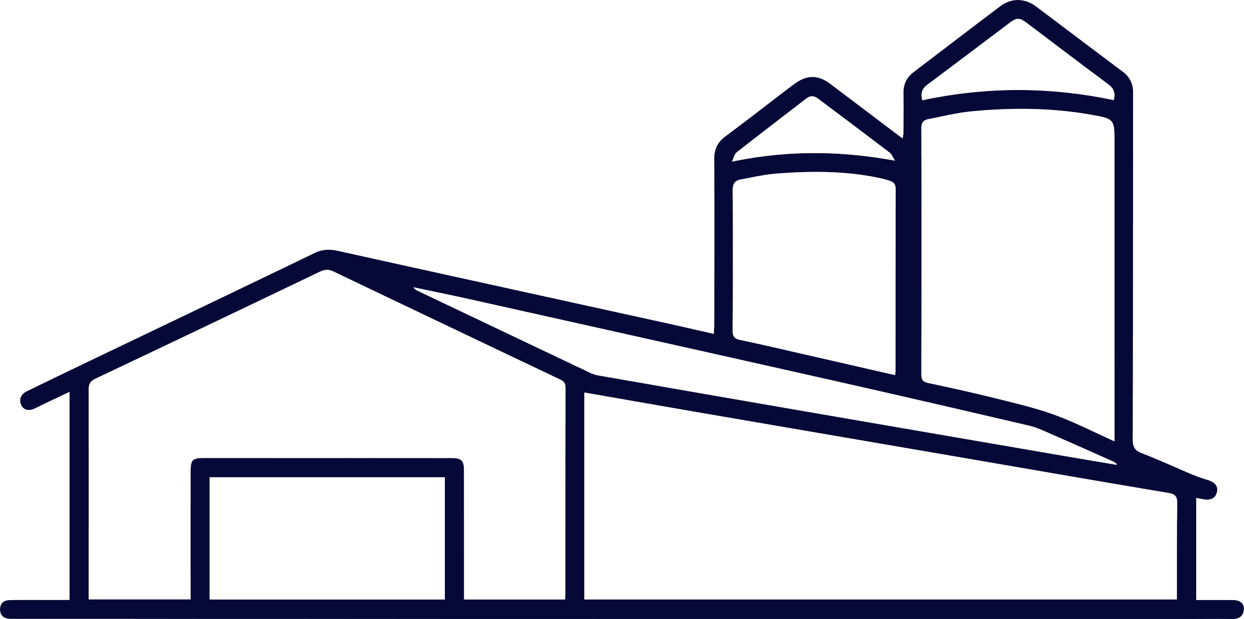 Line drawing of multi-level barn or farmhouse with silo and attached structures.