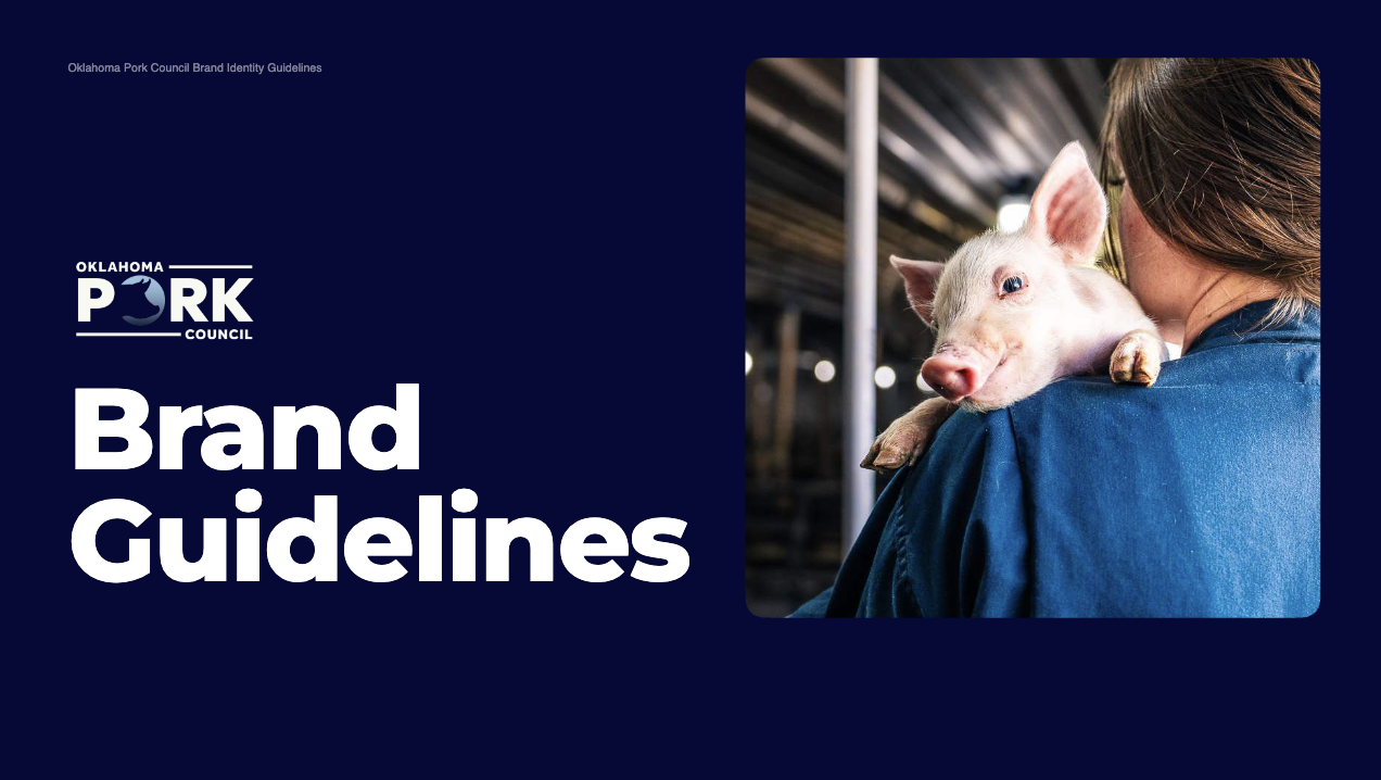 Cover page of Oklahoma Pork Council Brand Guidelines featuring a person holding a piglet.