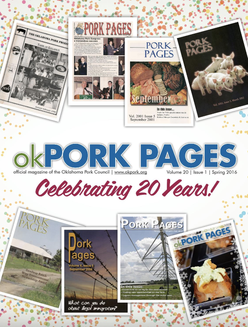 Cover of Oklahoma Pork Pages featuring the celebrating 20 years issue, with various issues of the magazine shown around it.