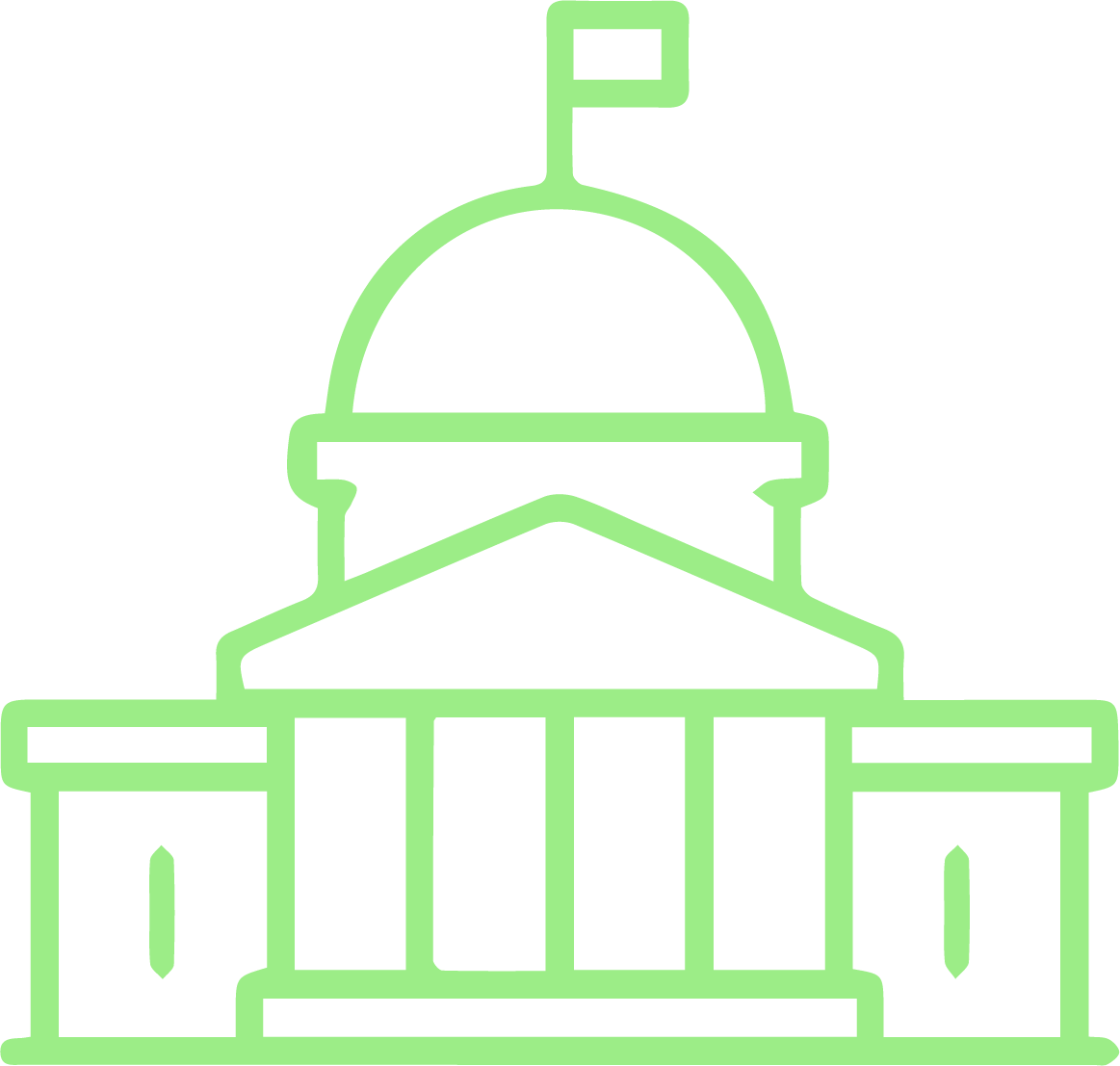 Neon green outline of a government building with a dome and a flag on top, resembling the U.S. Capitol.