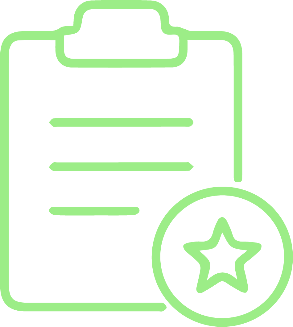 Outline of a clipboard with a star badge on the bottom right.