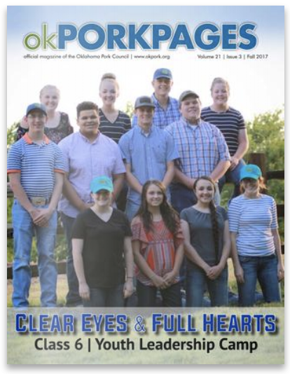 Cover of Oklahoma Pork Pages featuring a group of boys and girls at a youth leadership camp.