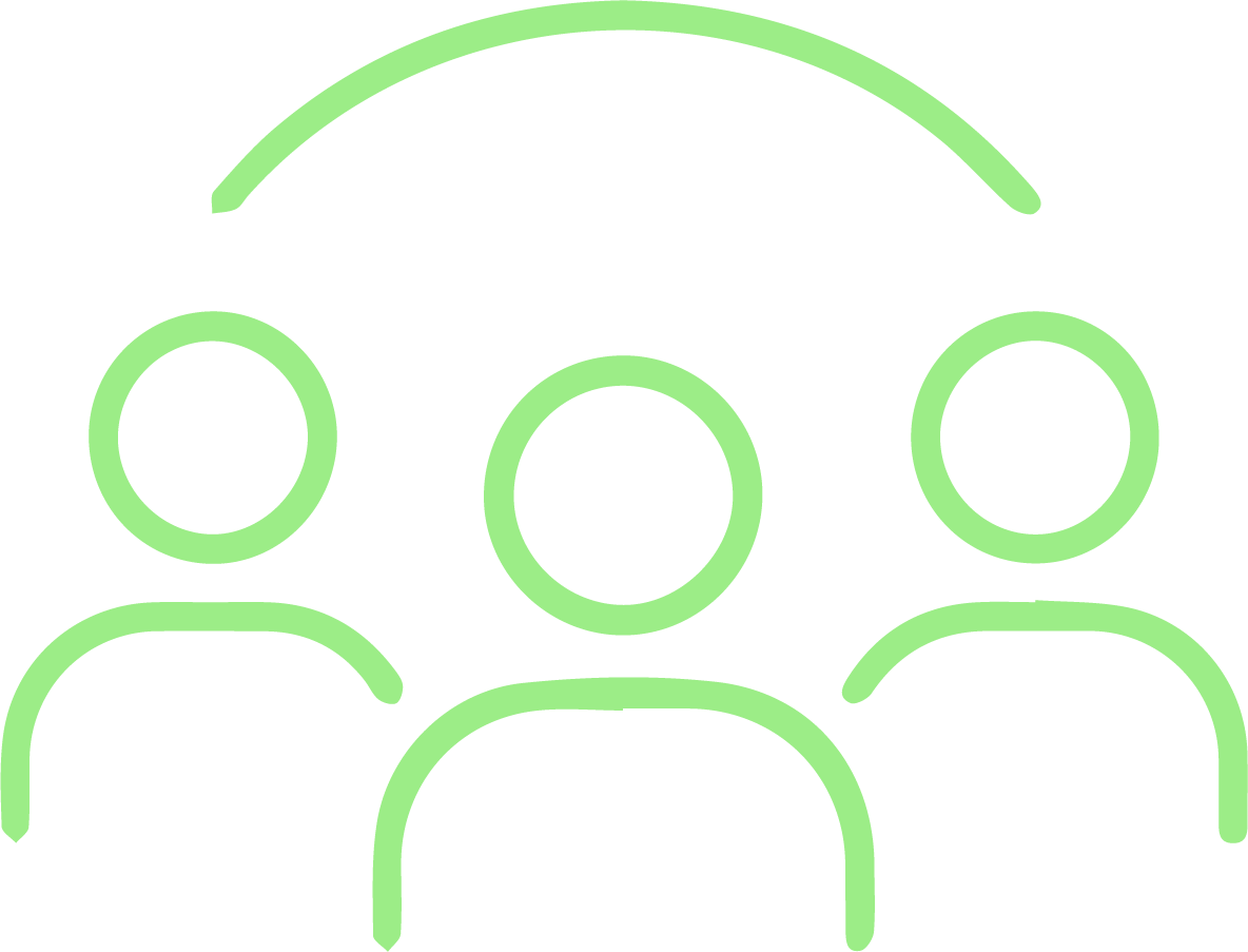 Outline of three people connected in a network, with a semi-circle above, all in green on a black background.