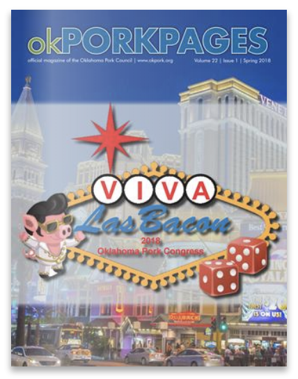 Cover of Oklahoma Pork Pages featuring a Las Vegas theme with a pig character wearing sunglasses, a red star, dice, and cityscape background. Text includes 'VIVA Las Vegas' and references to Oklahoma Park Congress.
