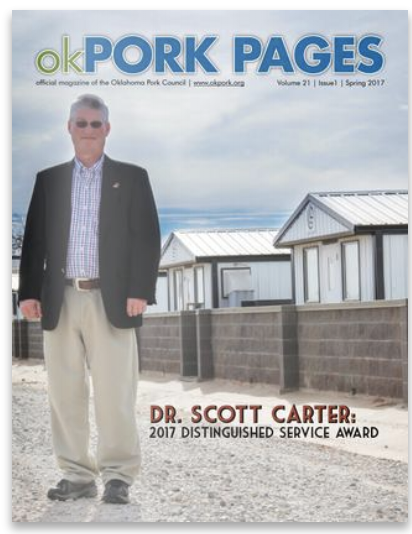 Cover of Oklahoma Pork Pages featuring Dr. Scott Carter, who received the 2017 Distinguished Service Award, standing outdoors with buildings in the background.