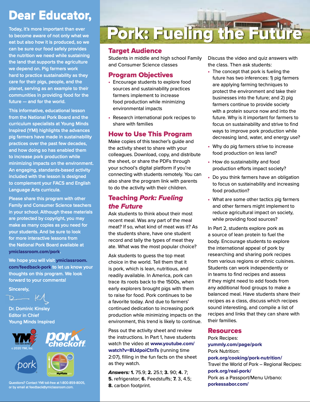 Educational flyer about pork: fueling the future, with sections for target audience, program objectives, how to use the program, teaching tips, resources, and links, featuring a building and farm scene at the top.