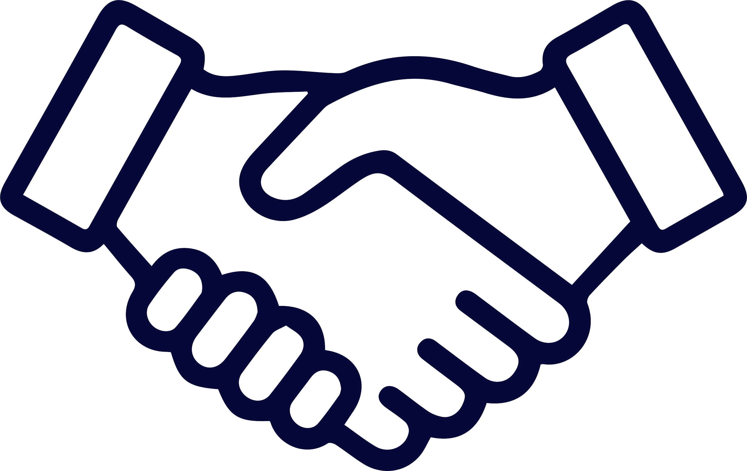 Icon of two hands shaking, outlined in dark blue.
