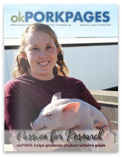 Cover of Oklahoma Pork Pages featuring a a woman holding a piglet outdoors with a building in the background. The cover features the headline "Passion for Research" and notes that okPORK helps graduate students achieve goals.