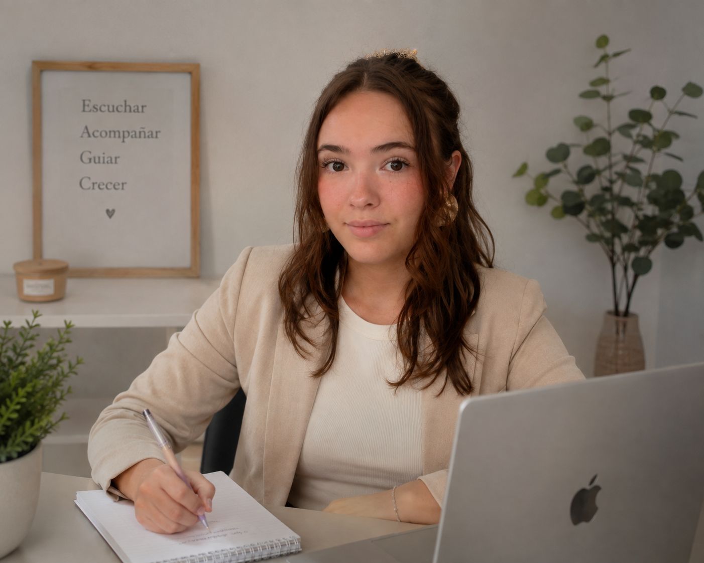 Mujer joven en oficina, tomando notas y usando laptop, fondo con cartel que dice escuchar, acompañar, guiar, crecer.