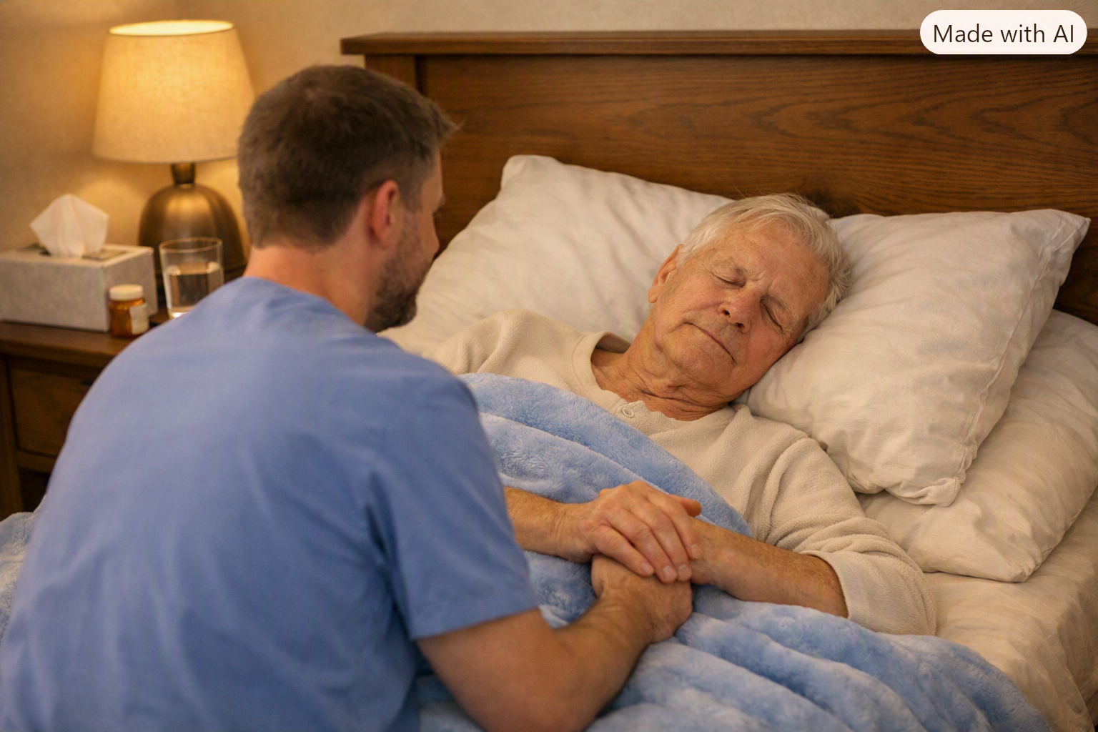 A care worker is caring for an elderly man with white hair, who is sleeping in a bed with white pillows and a blue blanket in a warmly lit room.